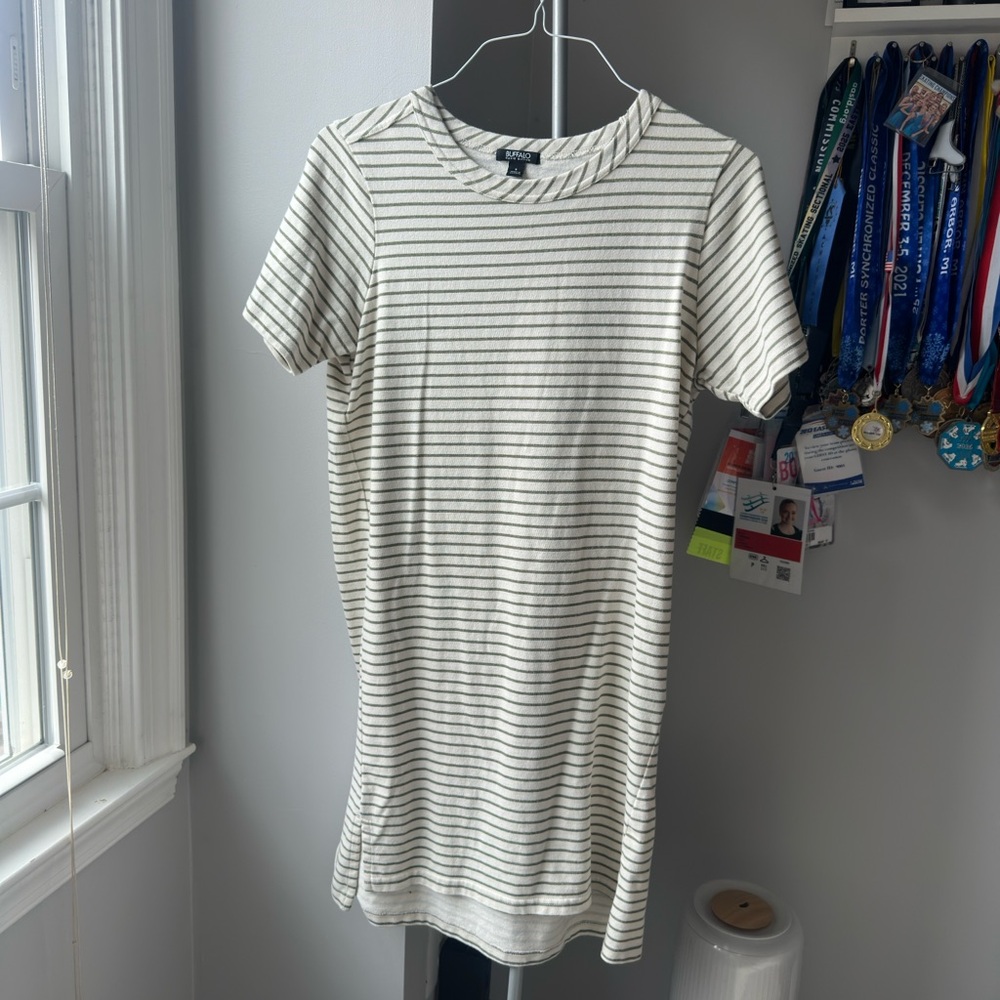 Buffalo David Bitton Cream T- Shirt Dress with Olive Stripes